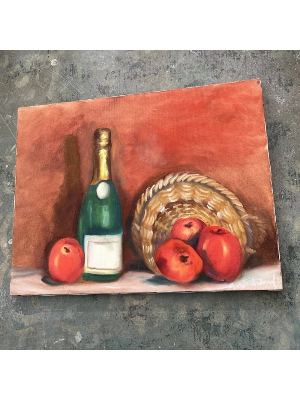VTG Original Painting on Canvas Still Life Apples Wine Bottle Basket Signed